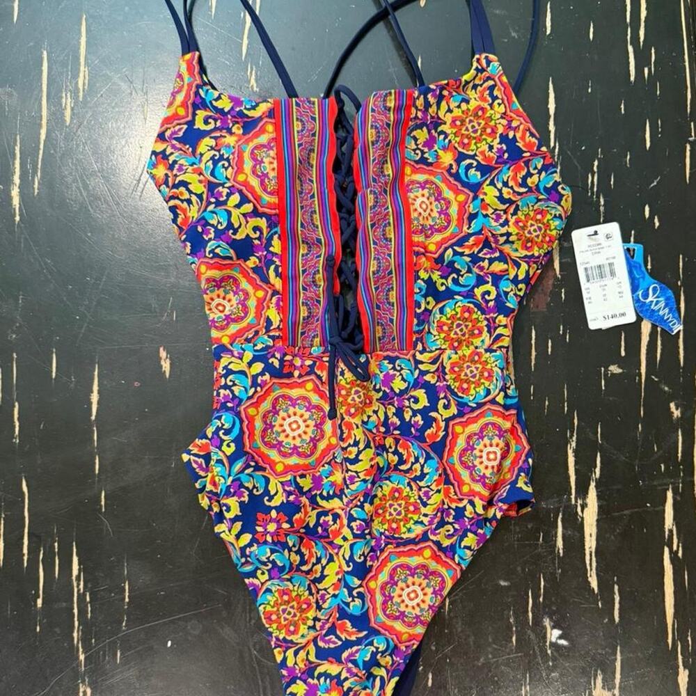 NWT Skinny Dippers 2016 Style One-Piece Bathing Suit Boho Lace Up Hour glass M